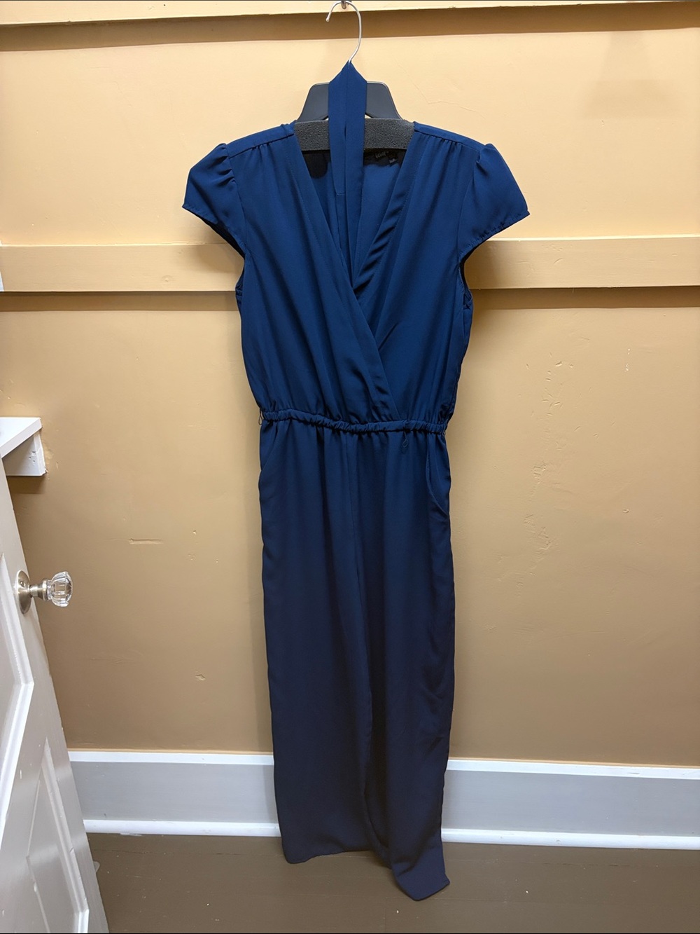 Cap-Sleeve Navy Blue Maxi Dress with Surplice V-Neck